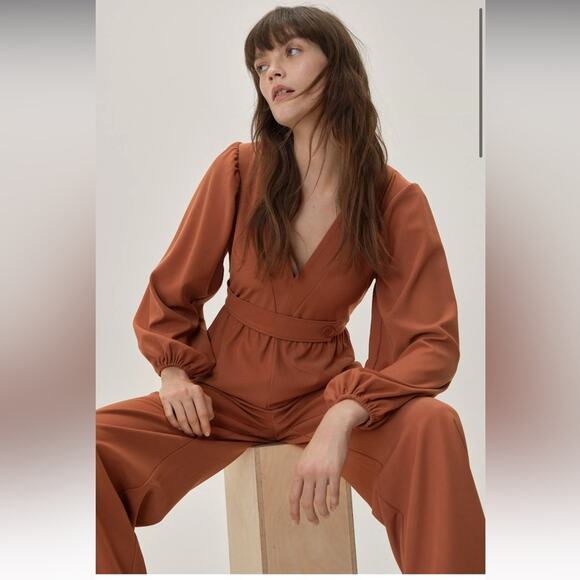 NastyGal Belted Detail Puff Sleeve Flared Jumpsuit - Picture 1 of 10